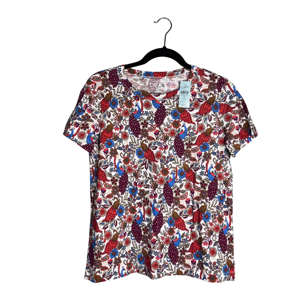 LOFT Printed T-Shirt Sz MP Multicolor Peacock Floral Print Crew Neck Tee NWT